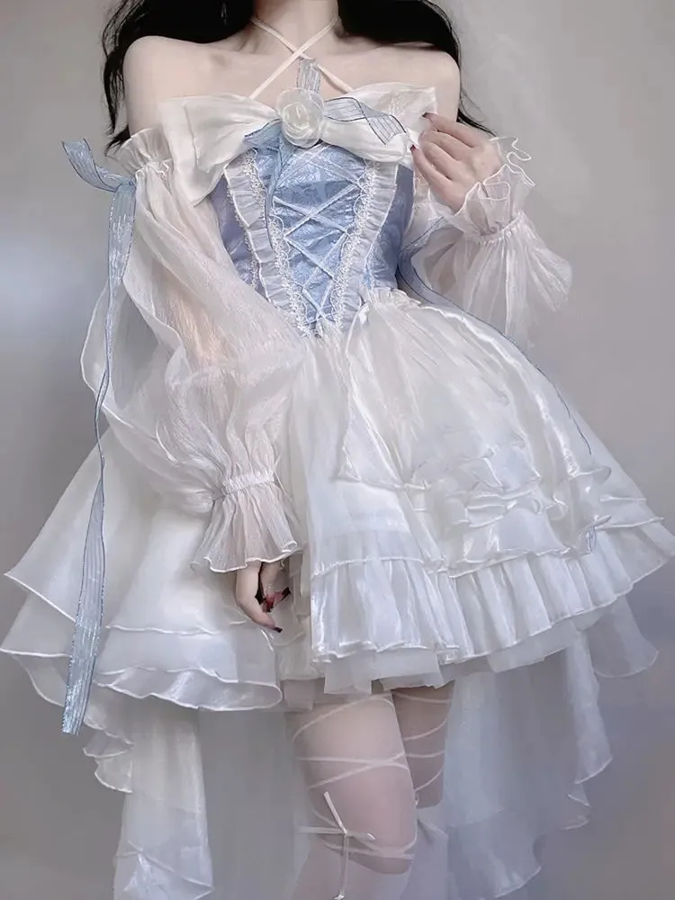 Getadme French Romantic Style Lolita Op Elegant Girl Cosplay Princess Puff Sleeve Ribbon Bowknot Flower Tunic Mesh Fantastic Fairy Dress