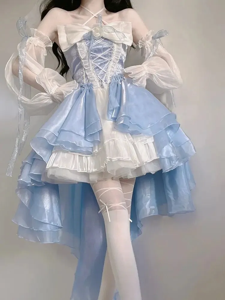 Getadme French Romantic Style Lolita Op Elegant Girl Cosplay Princess Puff Sleeve Ribbon Bowknot Flower Tunic Mesh Fantastic Fairy Dress