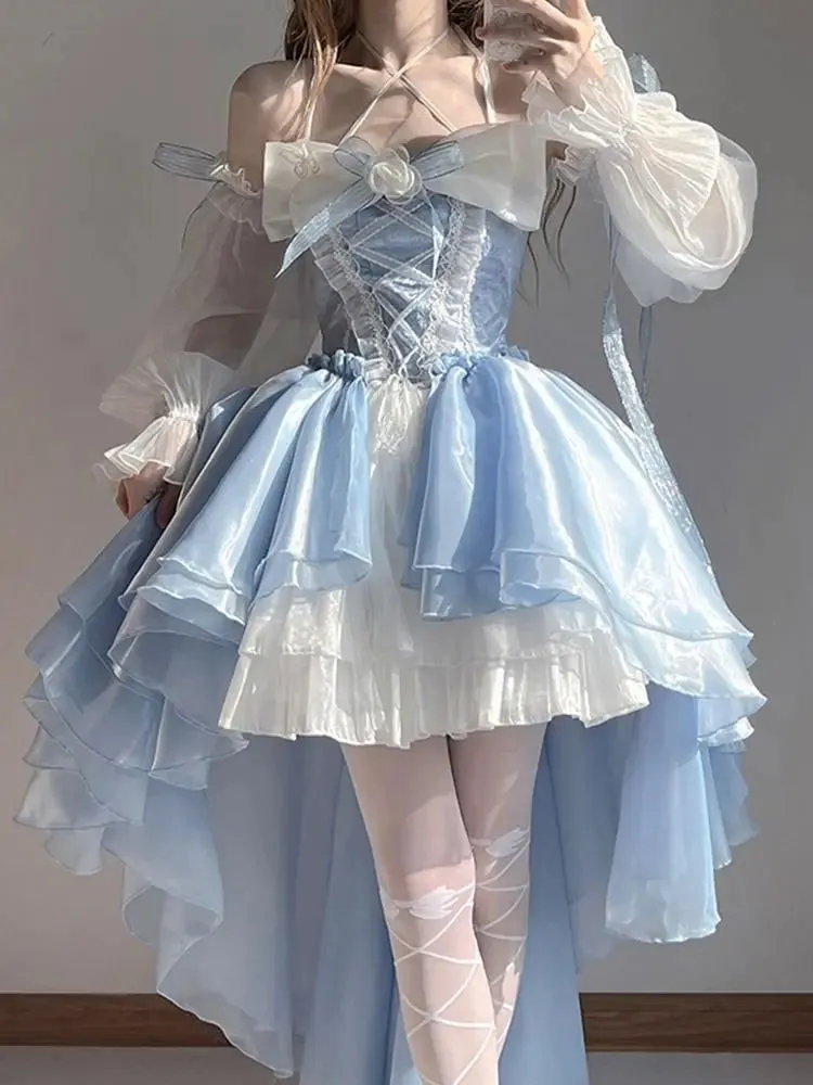 Getadme French Romantic Style Lolita Op Elegant Girl Cosplay Princess Puff Sleeve Ribbon Bowknot Flower Tunic Mesh Fantastic Fairy Dress