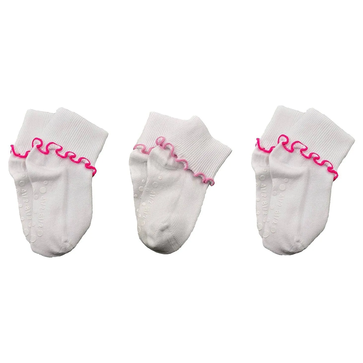 Girls Non-Skid Seamless Toe Socks - 3-Pair Pack Cotton Ruffle Edge Socks