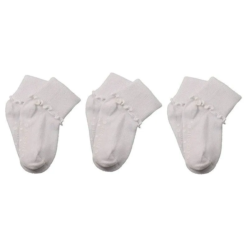 Girls Non-Skid Seamless Toe Socks - 3-Pair Pack Cotton Ruffle Edge Socks