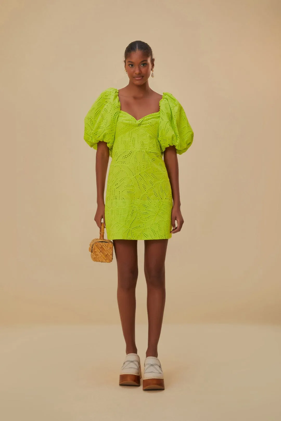 Green Monstera Eyelet Short Sleeve Mini Dress