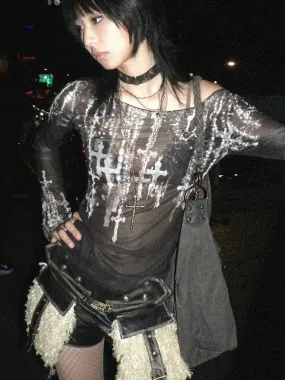 Grunge Cross Wide Neck Mesh Top Grunge Cross Wide Neck Mesh Top