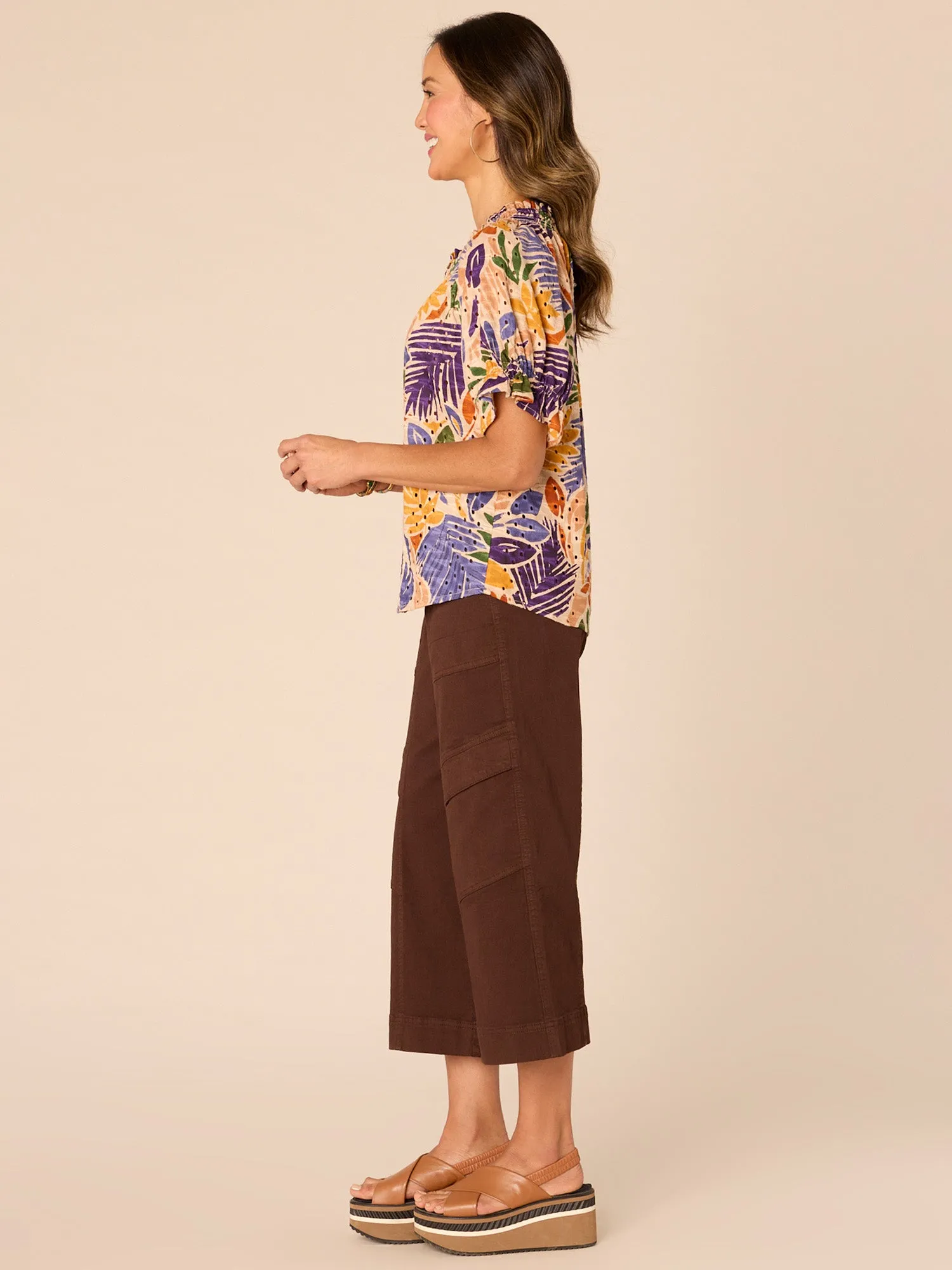 Half Smocked Sleeve Round Neck Printed Embroidered Petite Woven Top