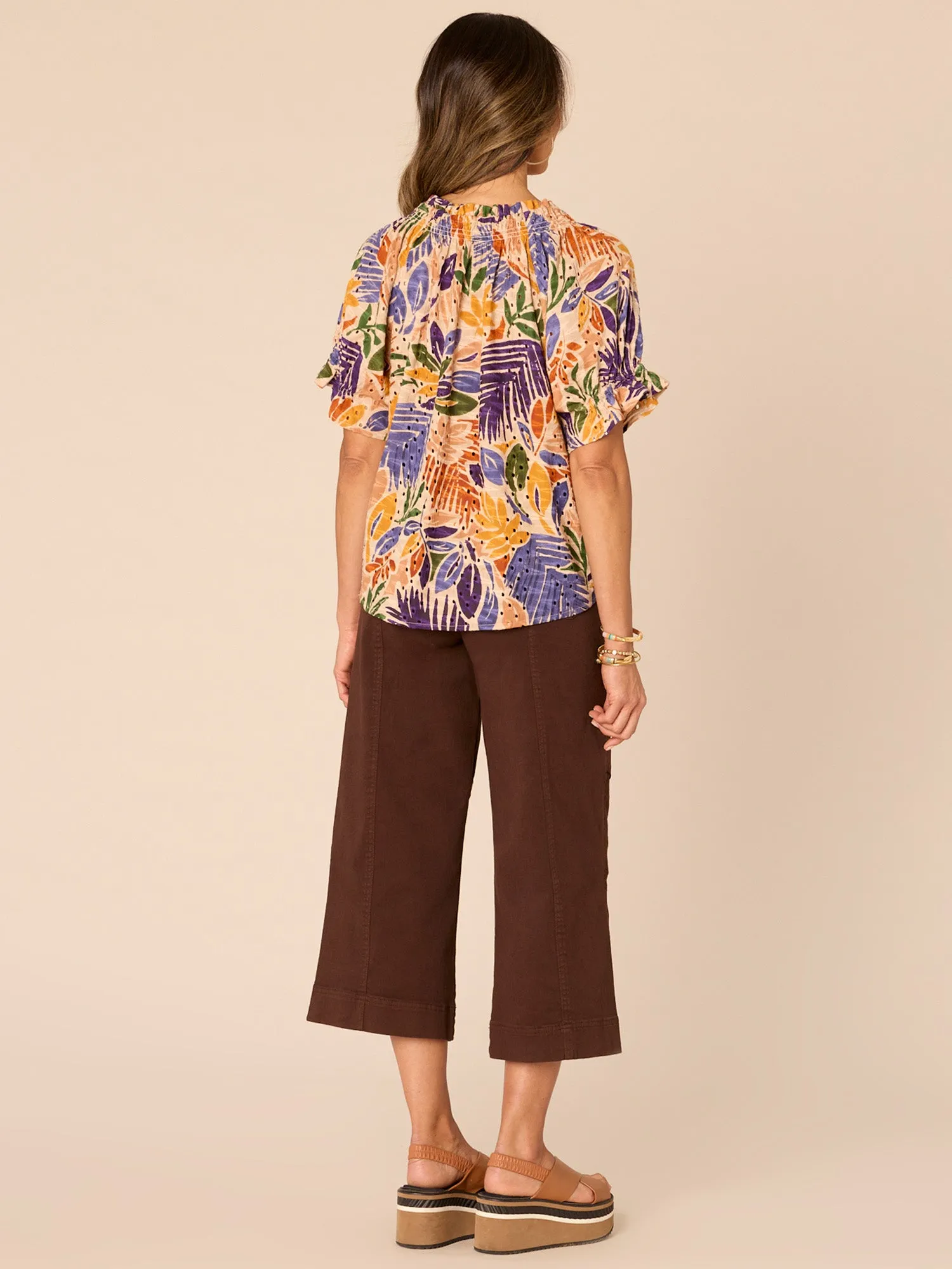 Half Smocked Sleeve Round Neck Printed Embroidered Petite Woven Top