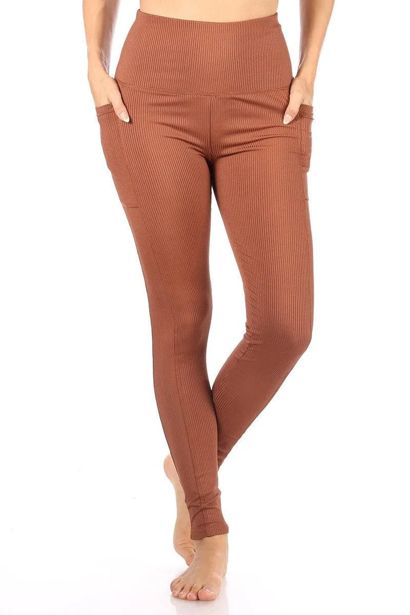 High Waist Rib Knit Leggings With Side Pockets - Camel Brown