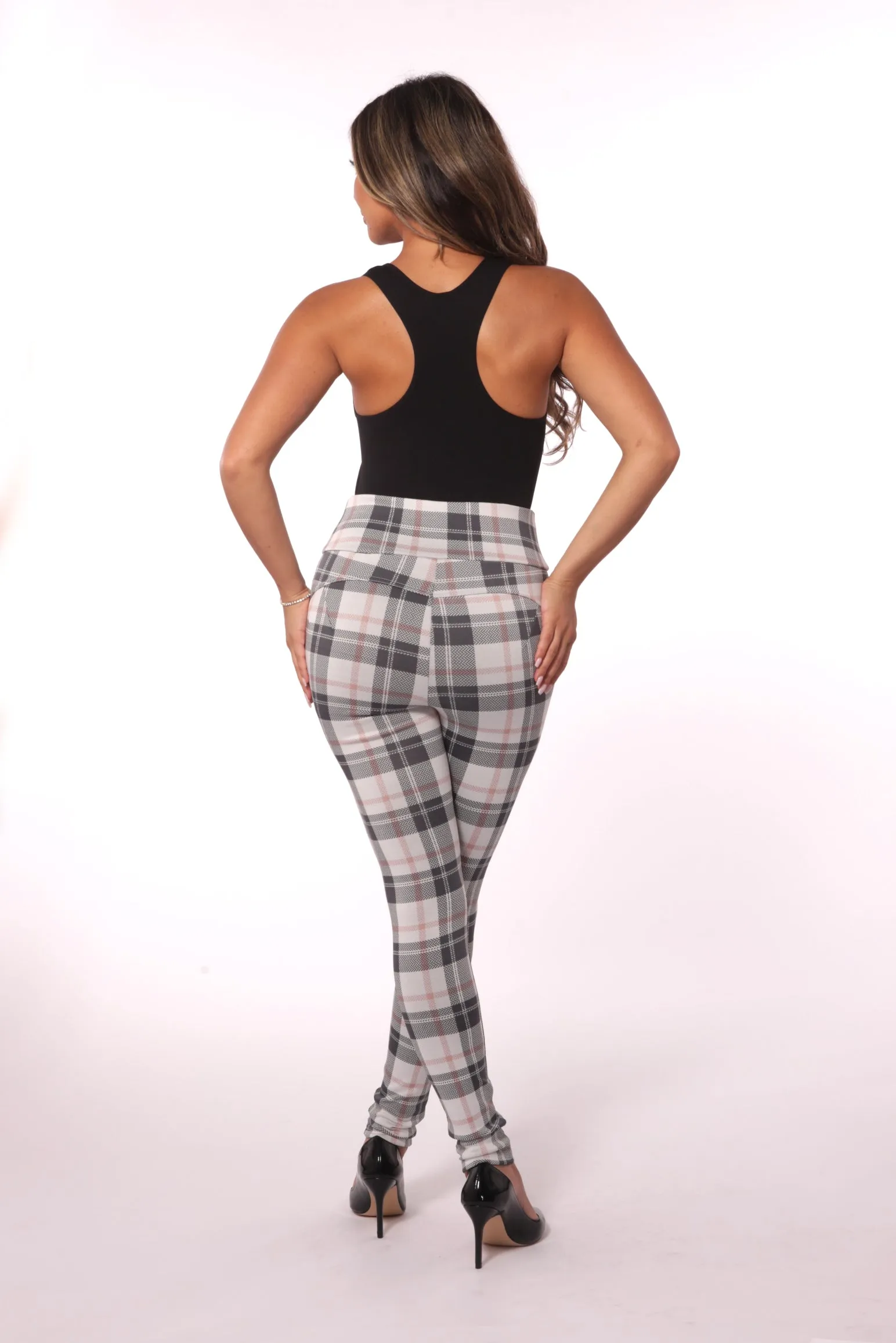 High Waist Sculpting Treggings With Zipper Pocket Trim - Sage & White Plaid
