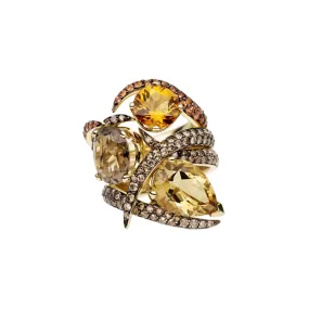 Interlocking Aurora Ring Set - 18ct Yellow Gold & Orange Citrine, Champagne & Smokey Quartz Interlocking Aurora Ring Set - 18ct Yellow Gold & Orange Citrine, Champagne & Smokey Quartz