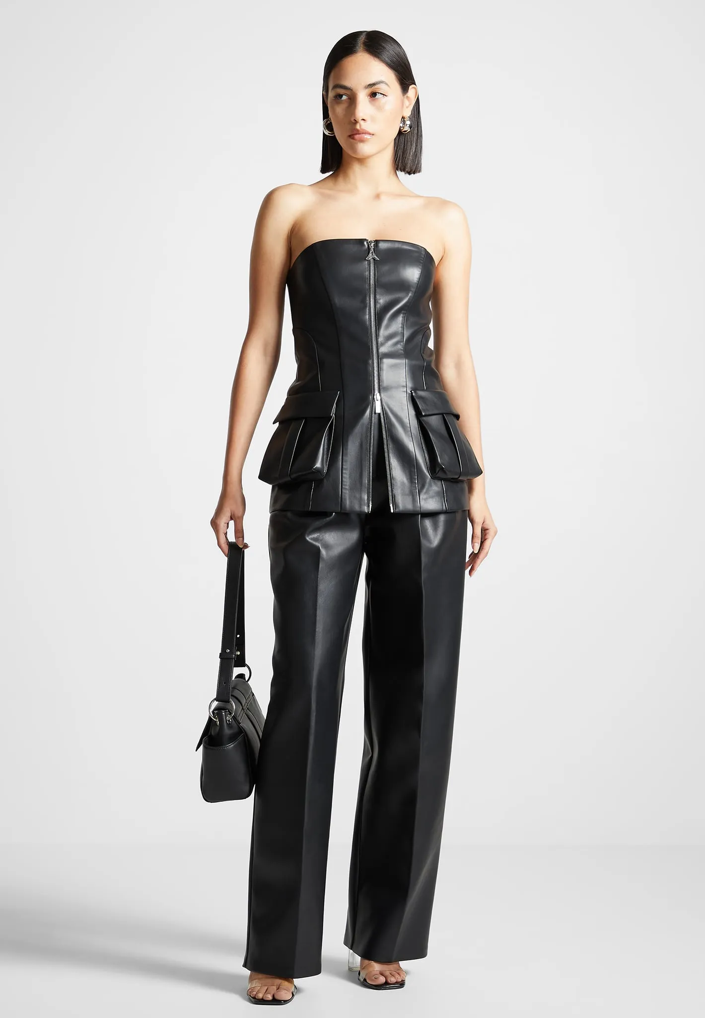 Leather Longline Bandeau Top - Black