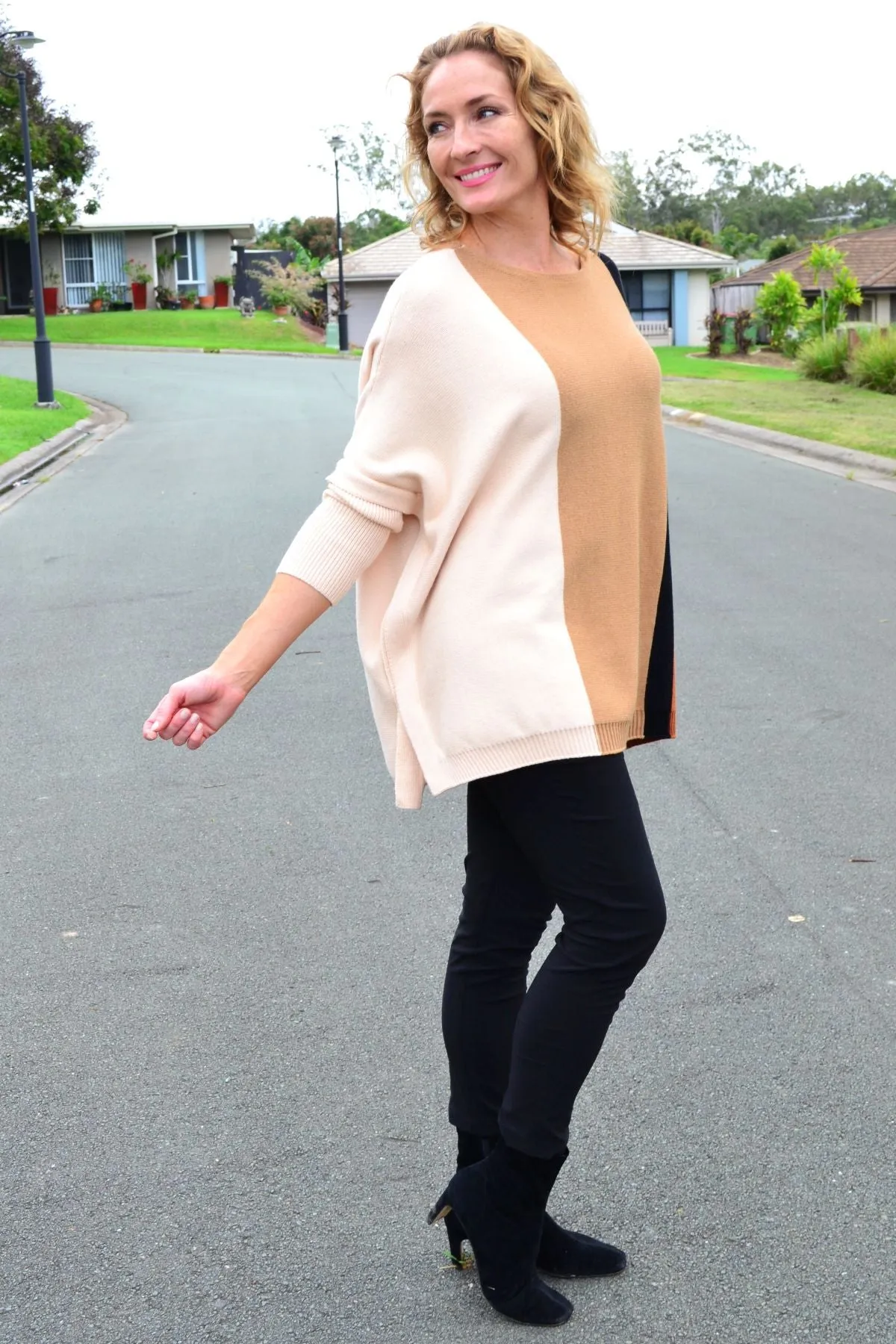 Long Sleeve Relaxed Camel Pullover Tunic Jumper
