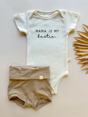 Mama Bestie | Bamboo Fold Over Bloomers and Organic Cotton Bodysuit Set | Almond Mama Bestie | Bamboo Fold Over Bloomers and Organic Cotton Bodysuit Set | Almond