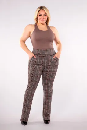 Plus Size Asymmetrical Button Waist Flare Pants - Khaki, Brown Plaid Plus Size Asymmetrical Button Waist Flare Pants - Khaki, Brown Plaid