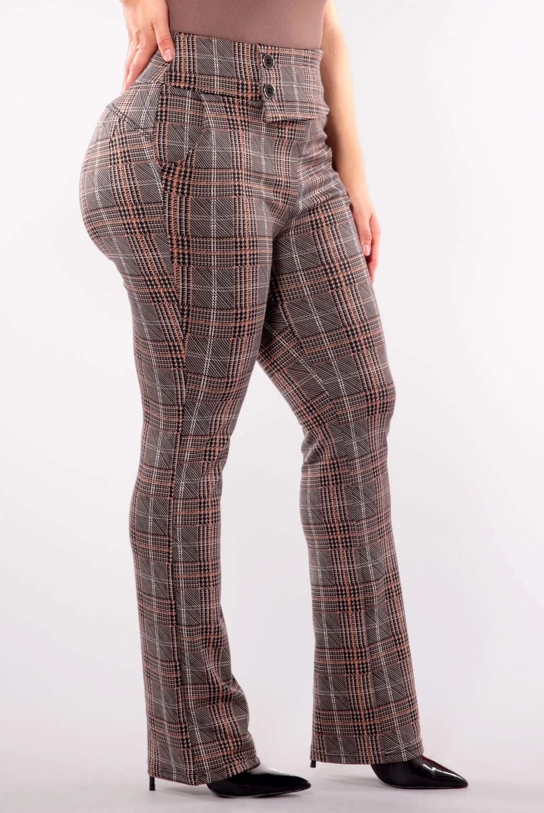Plus Size Asymmetrical Button Waist Flare Pants - Khaki, Brown Plaid