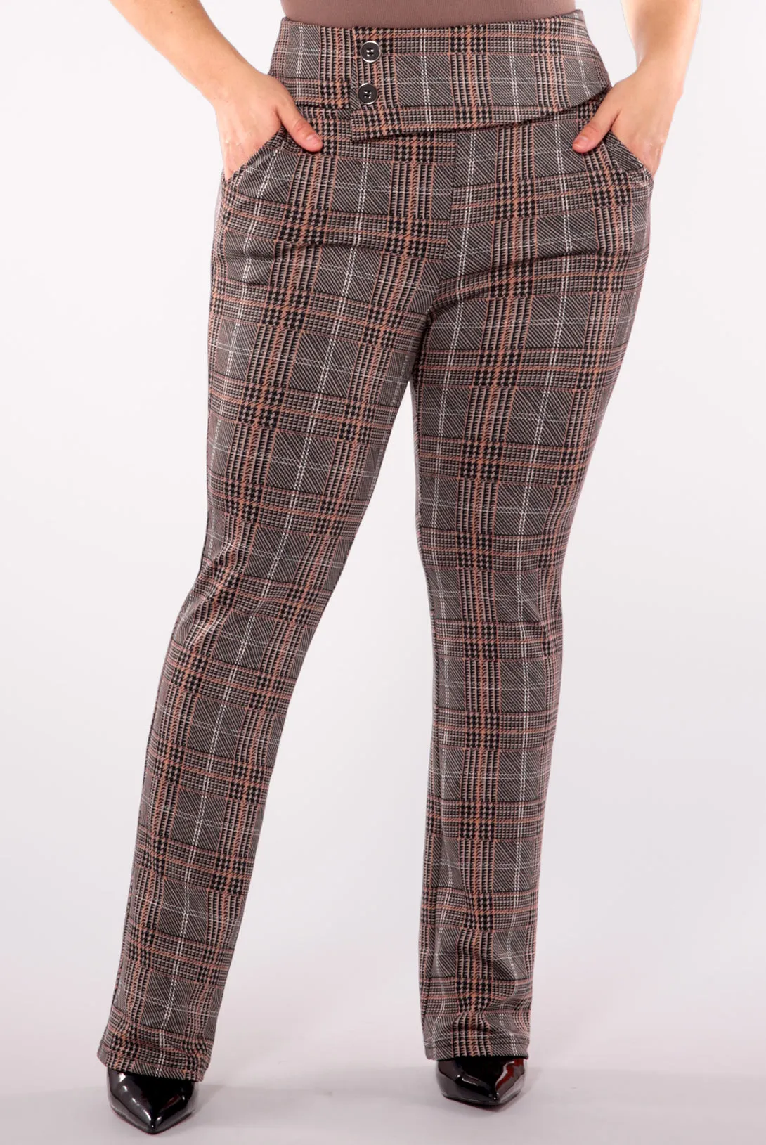 Plus Size Asymmetrical Button Waist Flare Pants - Khaki, Brown Plaid