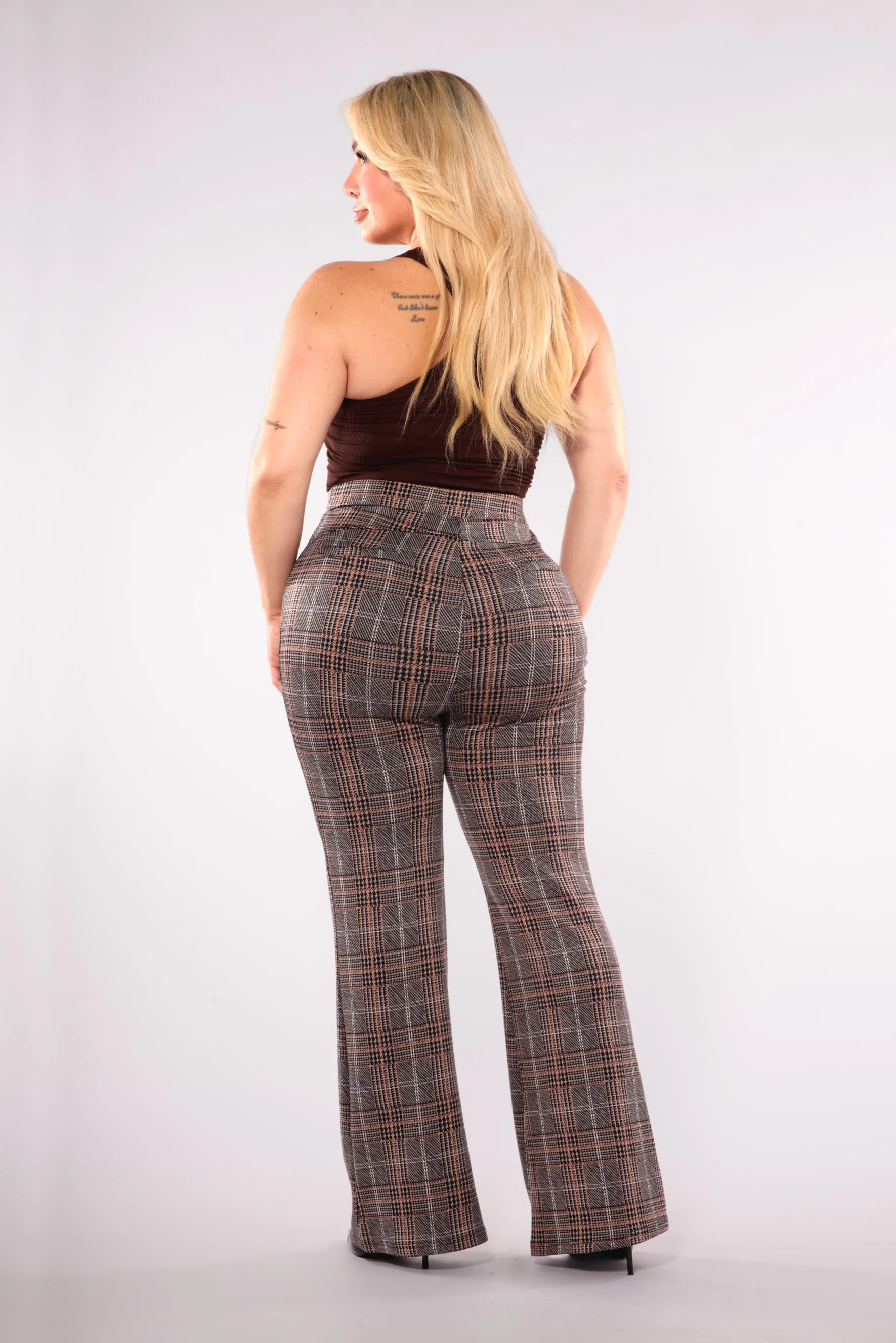 Plus Size High Waist Flare Pants With Front Seam Detail - Khaki, Brown Plaid