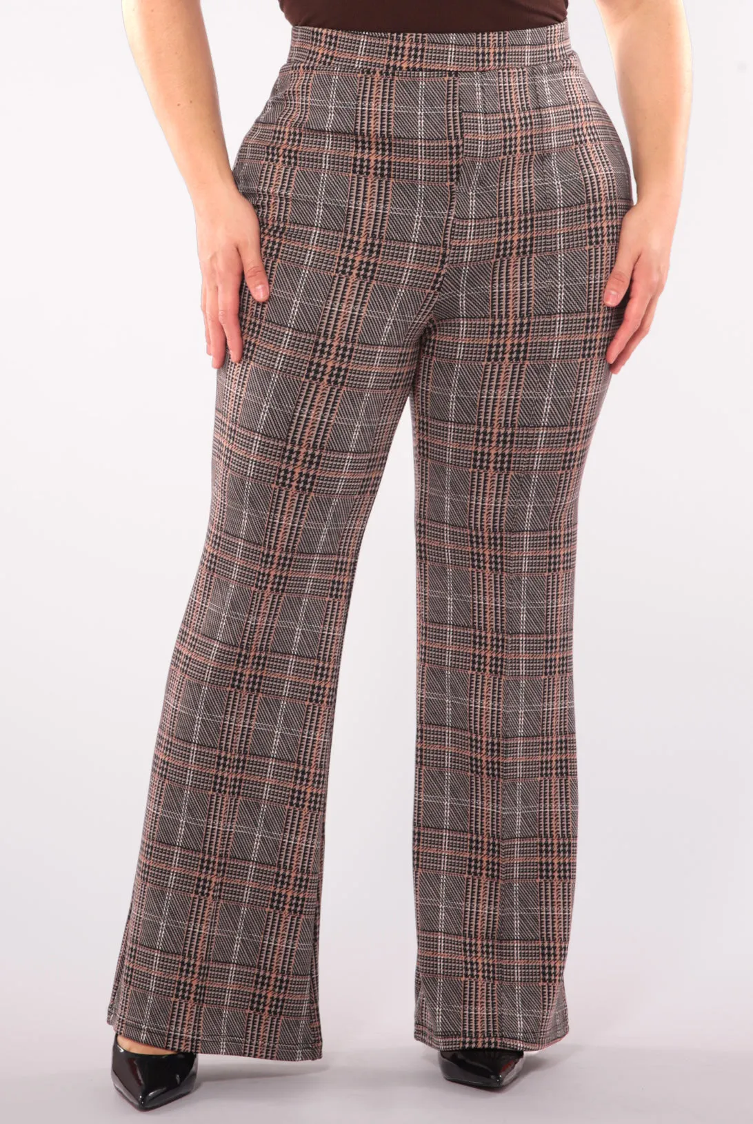 Plus Size High Waist Flare Pants With Front Seam Detail - Khaki, Brown Plaid