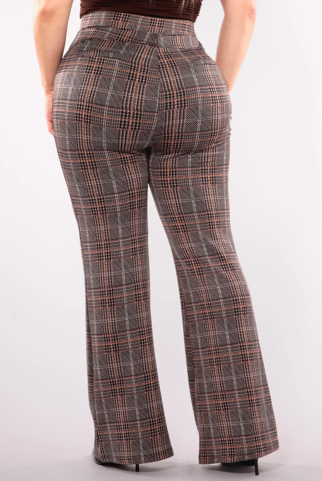 Plus Size High Waist Flare Pants With Front Seam Detail - Khaki, Brown Plaid