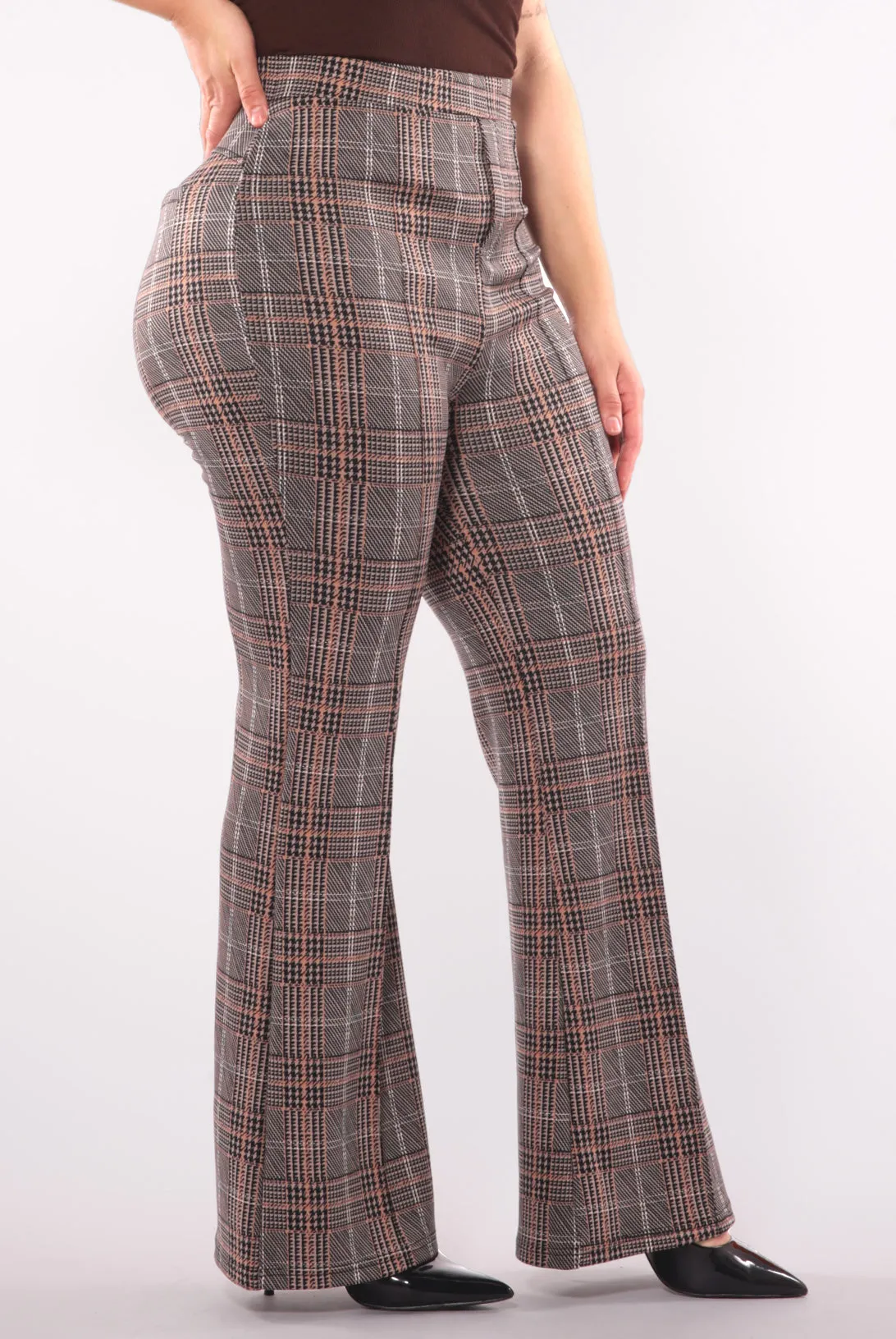 Plus Size High Waist Flare Pants With Front Seam Detail - Khaki, Brown Plaid