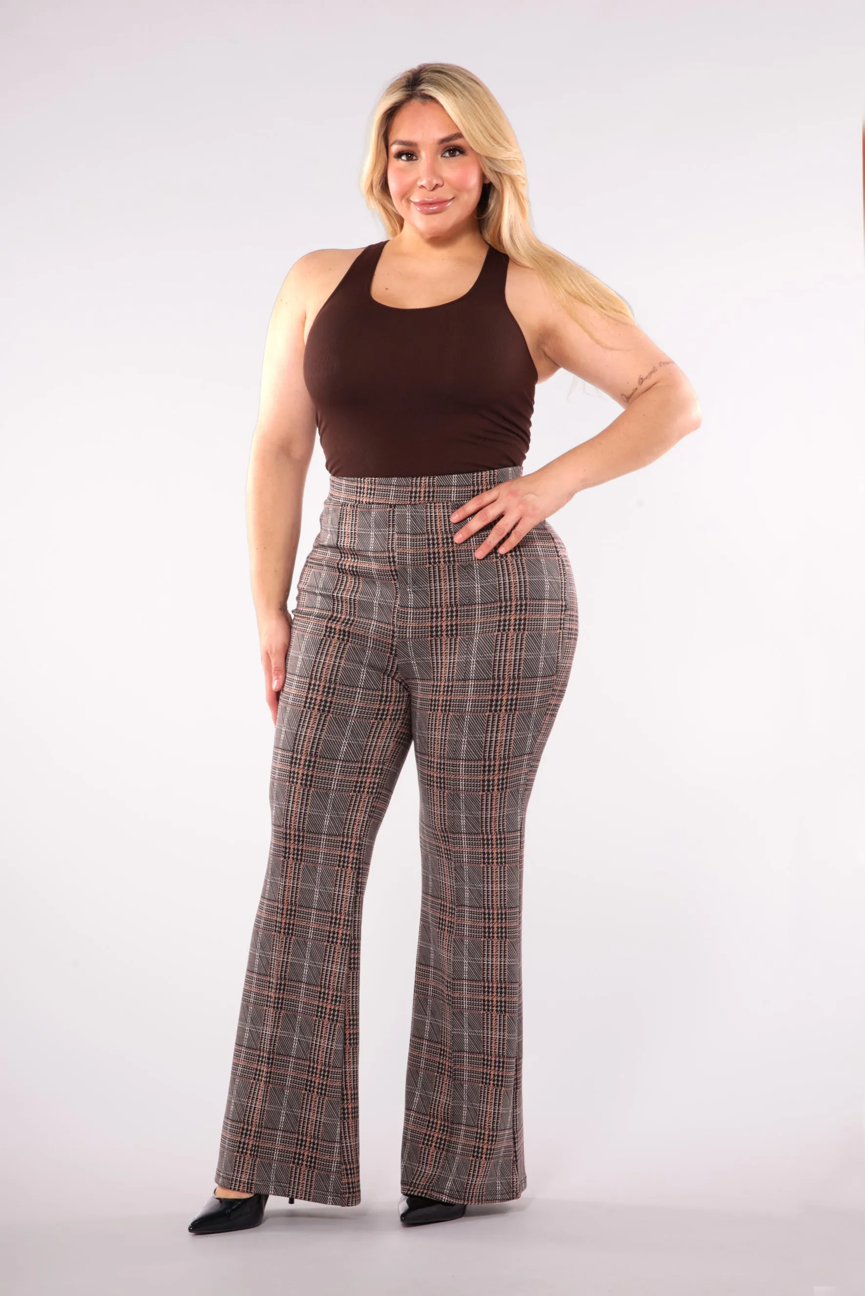 Plus Size High Waist Flare Pants With Front Seam Detail - Khaki, Brown Plaid