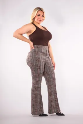 Plus Size High Waist Flare Pants With Front Seam Detail - Khaki, Brown Plaid Plus Size High Waist Flare Pants With Front Seam Detail - Khaki, Brown Plaid