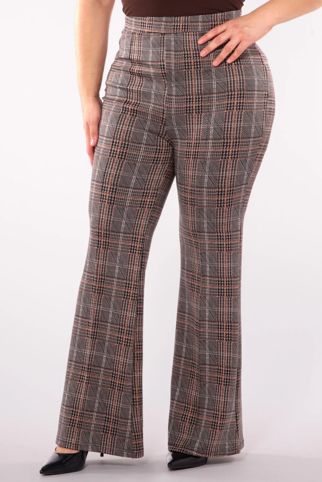 Plus Size High Waist Flare Pants With Front Seam Detail - Khaki, Brown Plaid