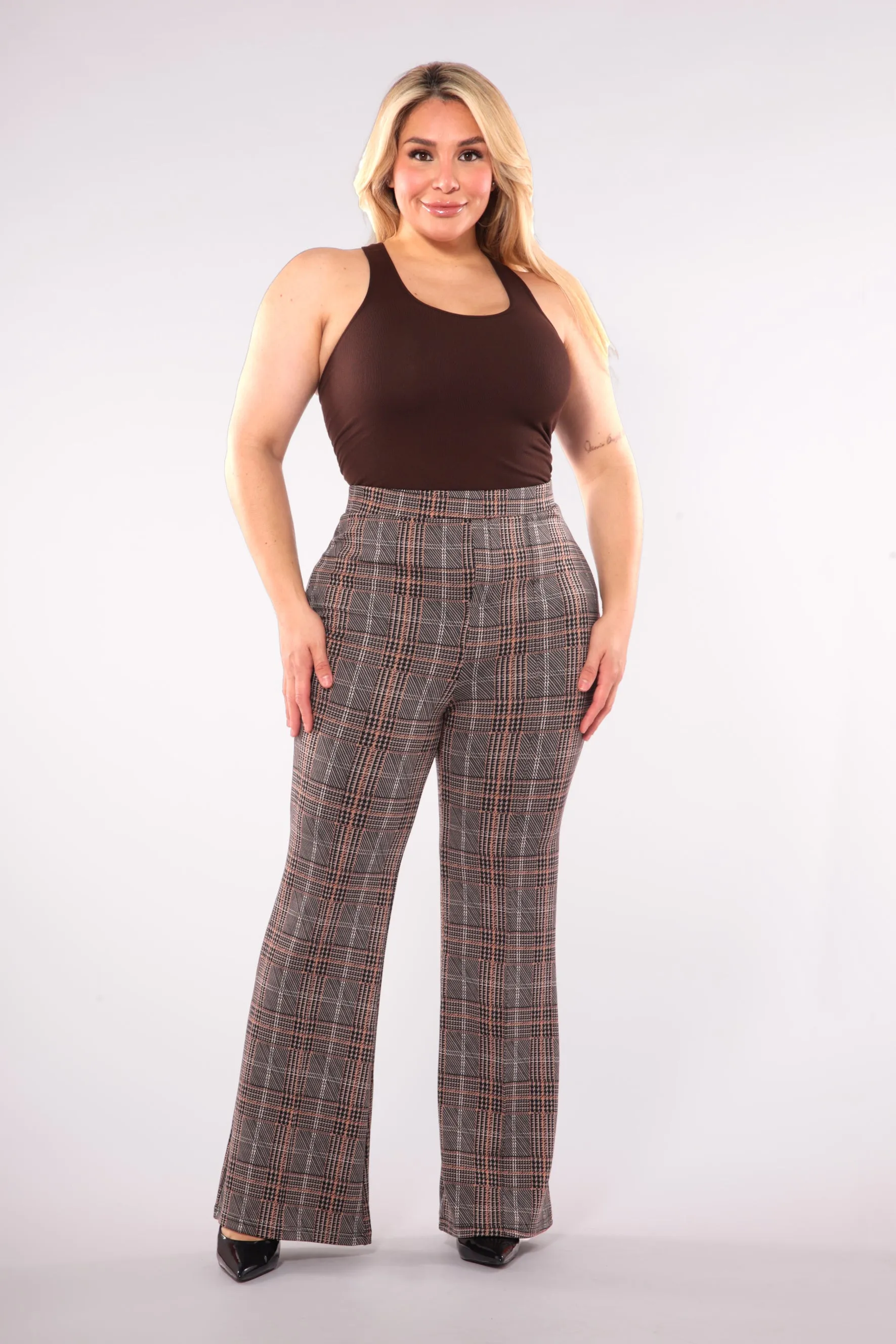 Plus Size High Waist Flare Pants With Front Seam Detail - Khaki, Brown Plaid