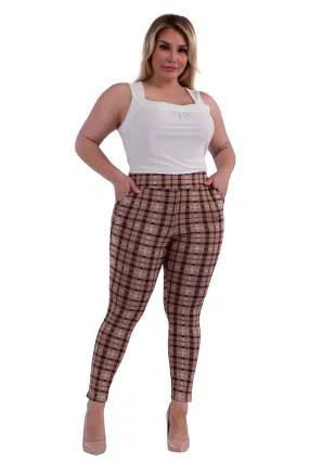 Plus Size Tummy Control Sculpting Treggings - Brown Plaid Plus Size Tummy Control Sculpting Treggings - Brown Plaid
