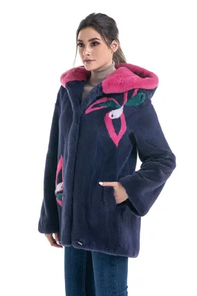 Purple Floral Patterned Genuine Hooded Mink Fur Coat Purple Floral Patterned Genuine Hooded Mink Fur Coat