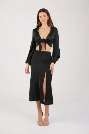 Quinn Satin Set - Long Sleeve Crop Top and Midi Skirt in Black Quinn Satin Set - Long Sleeve Crop Top and Midi Skirt in Black
