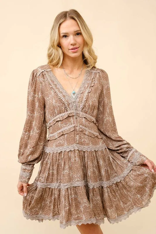 Rebecca Rayon Jacquard Lace Tiered Mini Dress