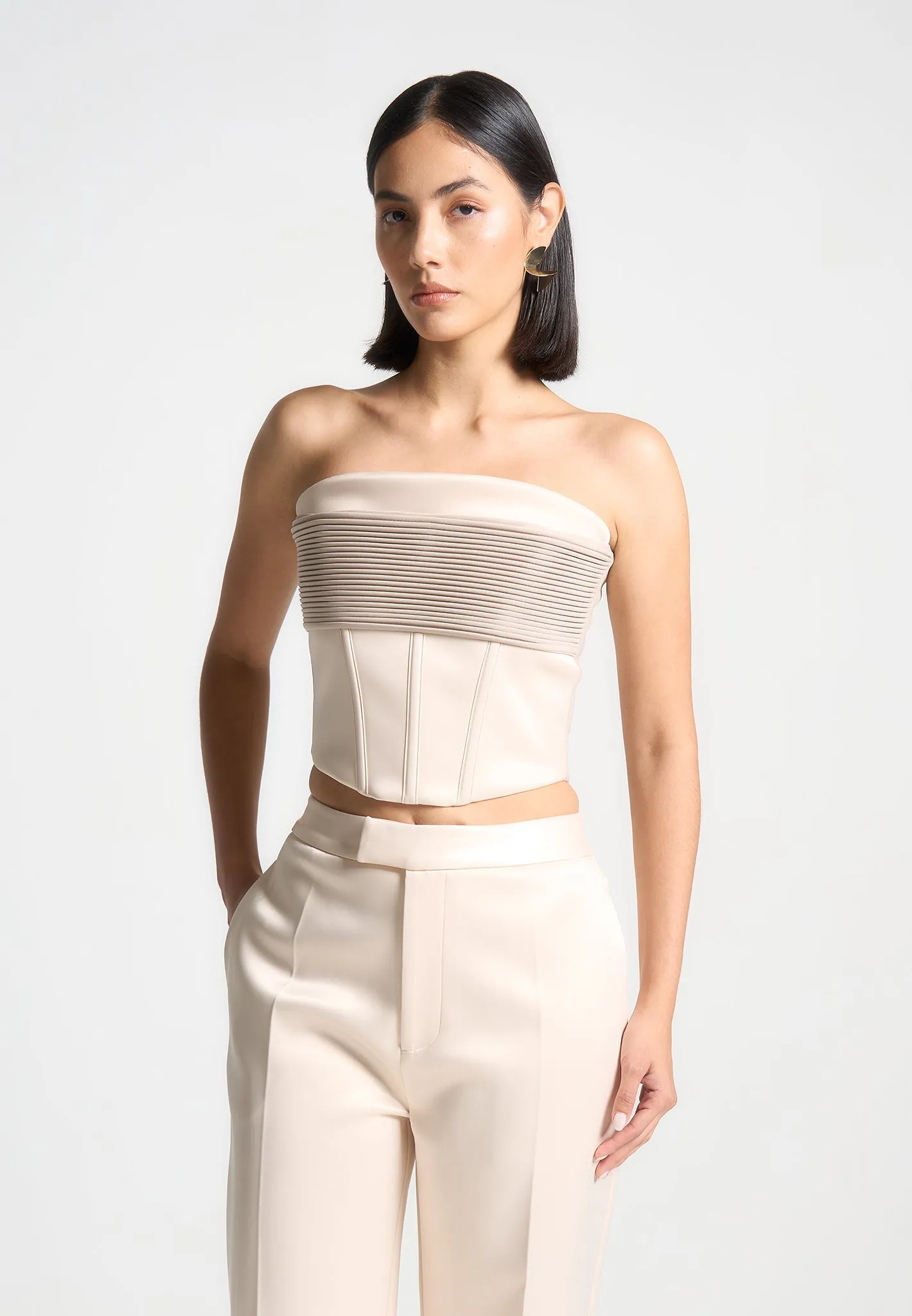 Satin Pintuck Bandeau Corset Top - Champagne