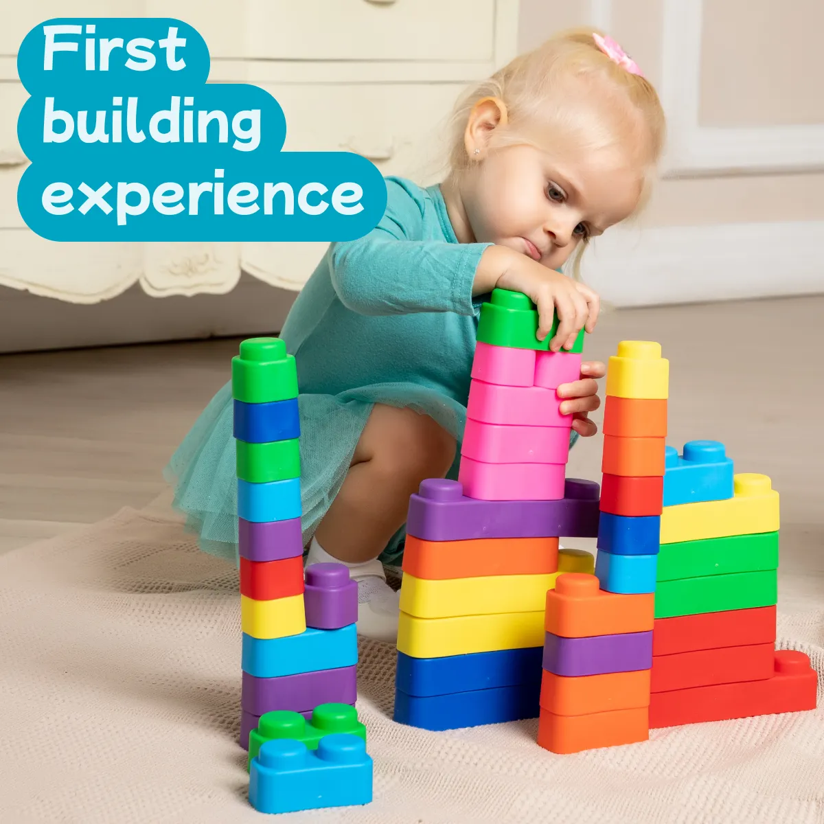 Sensory Soft Baby Building Blocks - 25pcs   Wheels - Educational Montessori Squeeze & Stacking Play Set
