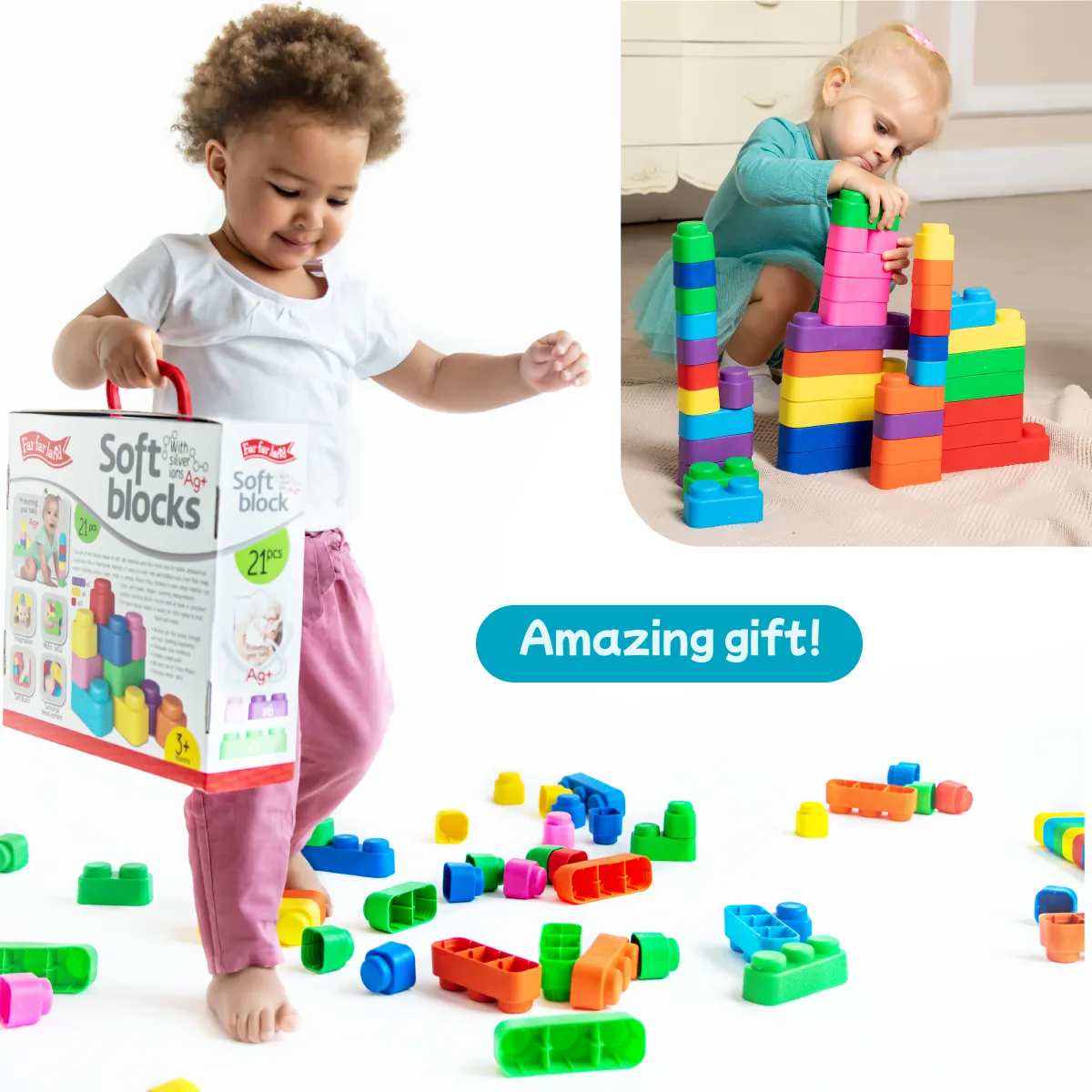Sensory Soft Building Blocks - 21pcs - Montessori Early Learning Toys for Toddlers 2-5 Years - Bath Play, Stacking & Teething