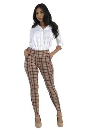 Tregging Skinny Pants With Zipper Pockets - Beige, Brown Plaid Tregging Skinny Pants With Zipper Pockets - Beige, Brown Plaid