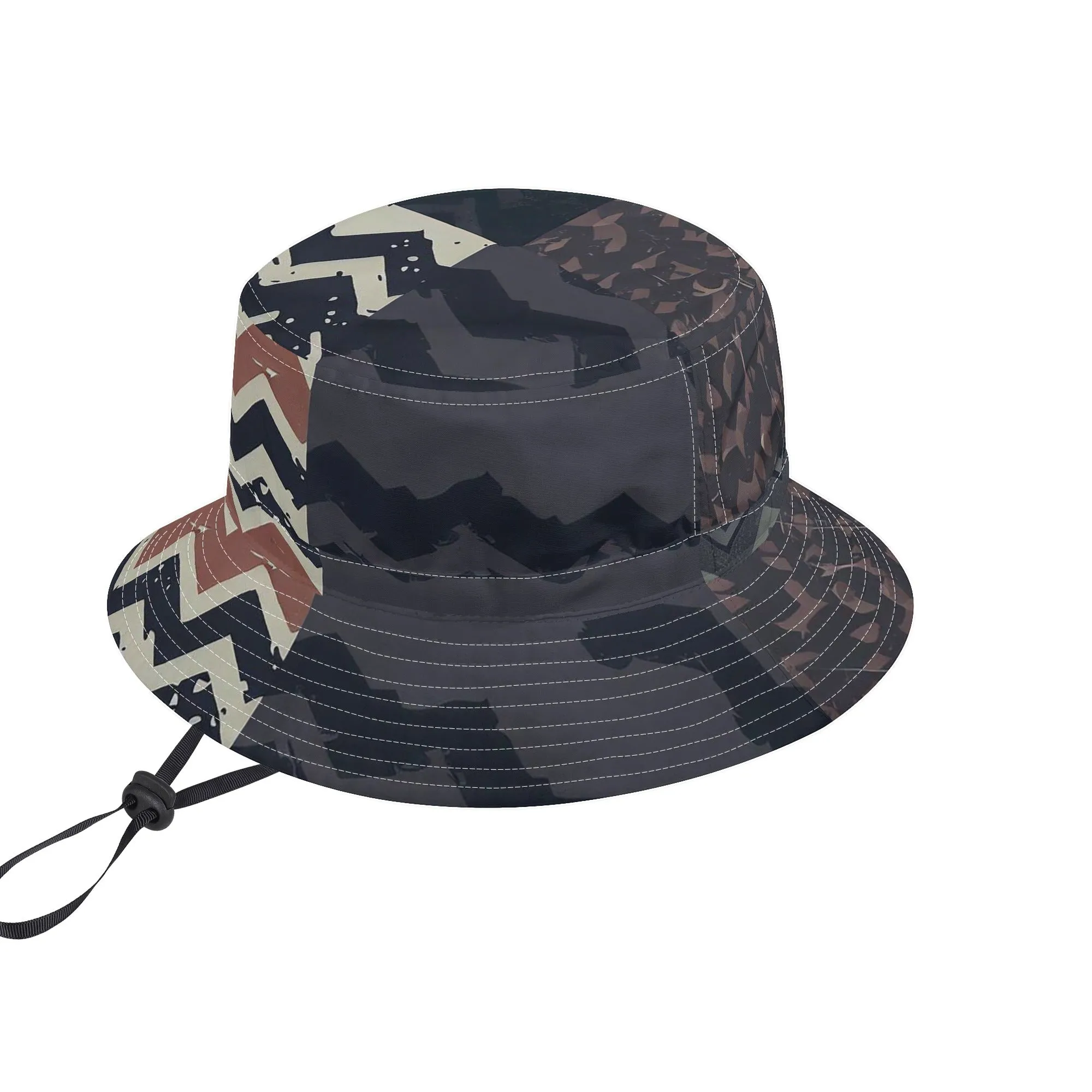 Vampire Art Grunge Unisex Bucket Fisherman's Hat - Charcoal and Beige Herringbone Patchwork with Adjustable String