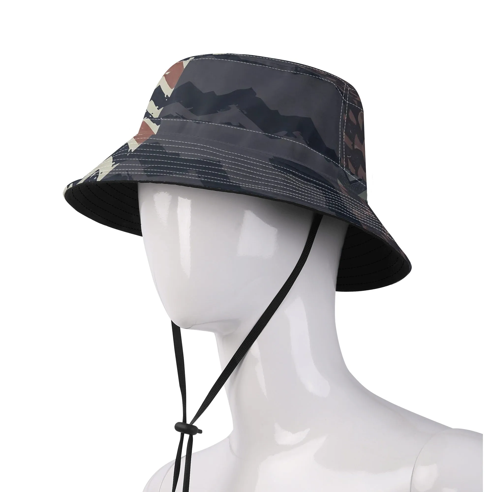 Vampire Art Grunge Unisex Bucket Fisherman's Hat - Charcoal and Beige Herringbone Patchwork with Adjustable String