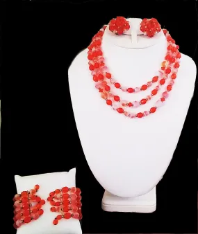 *VINTAGE 3-PIECE SET CRYSTAL GLASS & ART GLASS NECKLACE, EARRINGS & WIRE WRAP BRACELET PARURE IN ORANGE PEEL - MADE IN WEST GERMANY *VINTAGE 3-PIECE SET CRYSTAL GLASS & ART GLASS NECKLACE, EARRINGS & WIRE WRAP BRACELET PARURE IN ORANGE PEEL - MADE IN WEST GERMANY