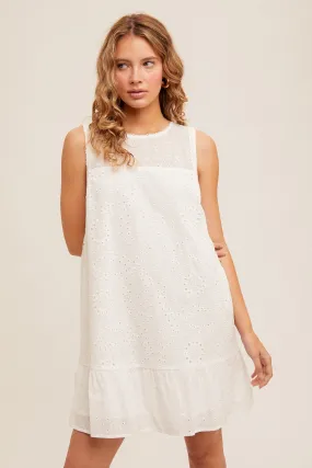 White Eyelet Ruffle Hem Mini Dress