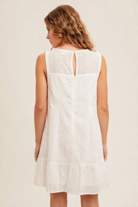 White Eyelet Ruffle Hem Mini Dress