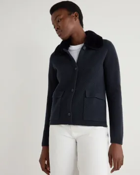 Women's Herringbone Cashmere Jacket with Fur Trim Navy Blue Women's Herringbone Cashmere Jacket with Fur Trim Navy Blue
