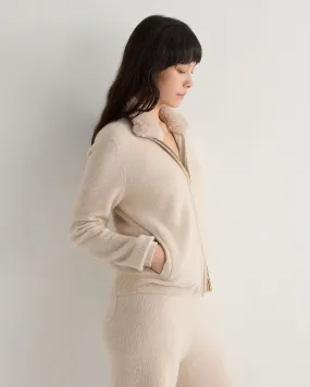 Women's Honeycomb Full Zip Cashmere Sweater With Fur Trim Ecru White Women's Honeycomb Full Zip Cashmere Sweater With Fur Trim Ecru White
