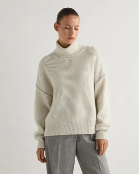 Women's Metal Trim Roll Neck Cashmere Jumper With Lurex Snow Grey Sparkle Women's Metal Trim Roll Neck Cashmere Jumper With Lurex Snow Grey Sparkle